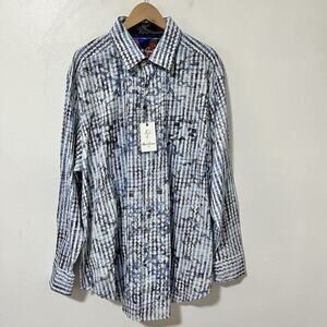Robert Graham Maitai Button Up Shirt Size 2XL Blue Tiki Embroidered Flip‎ Cuffs